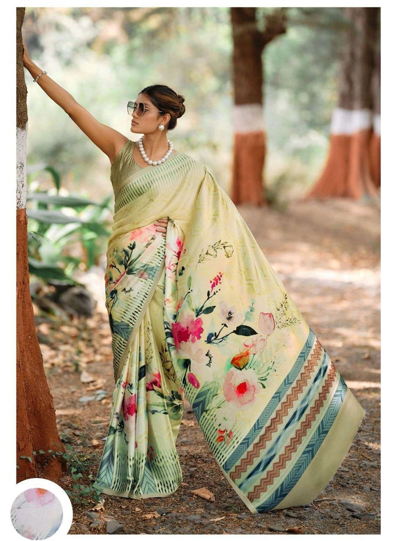 Grab Mantra Satin Silk Floral Print Saree With Unstitched Blouse  - Image 2
