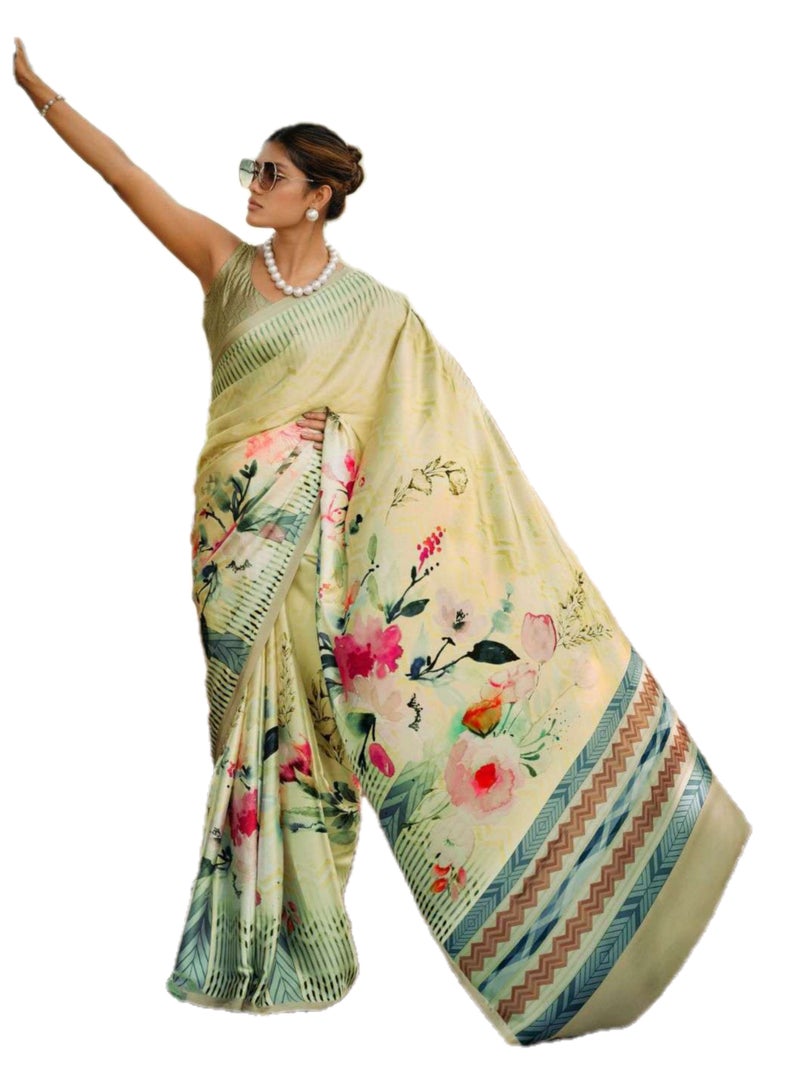 Grab Mantra Satin Silk Floral Print Saree With Unstitched Blouse  - Image 1