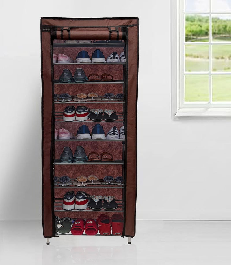 SANAMSTORE Metal 9 Tier Rack Shoe/Clothes/books stand Rack with cover for home (Need to Be Assemble - DIY) -Brown, Cm - Image 1