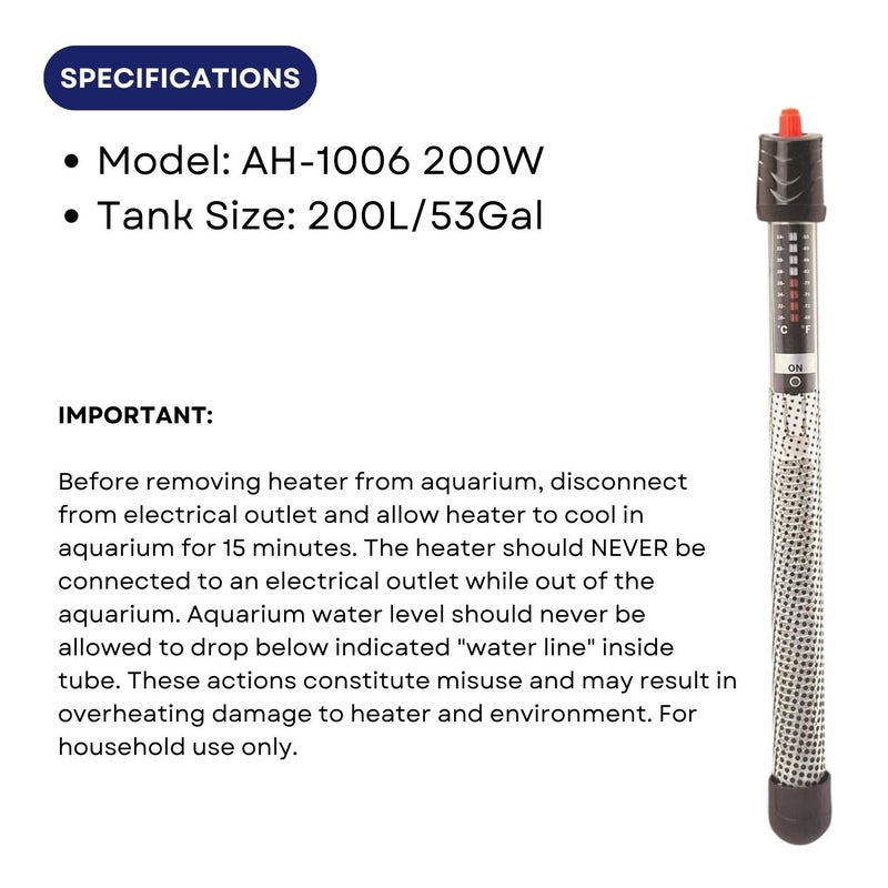 TUNAI Dophin AH-1006 200W Submersible Thermostat Heater for Aquarium Fish Tank| Preset Temperature | Fully Submersible | Suitable for Tank Size 200L | (Original from Store) - Image 3