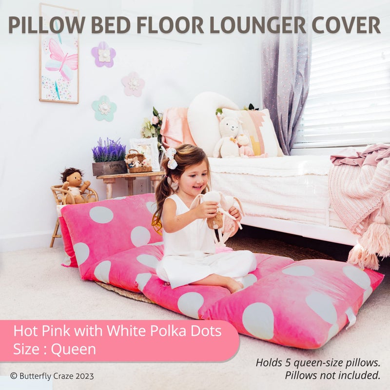 Butterfly Craze Floor Pillow Case, Mattress Bed Lounger Cover, Polka Hot Pink, Queen Size - Cozy Seating Solution for Kids & Adults, Recliner Cushion, for Reading, TV Time (Pillow Not Included) - Image 2