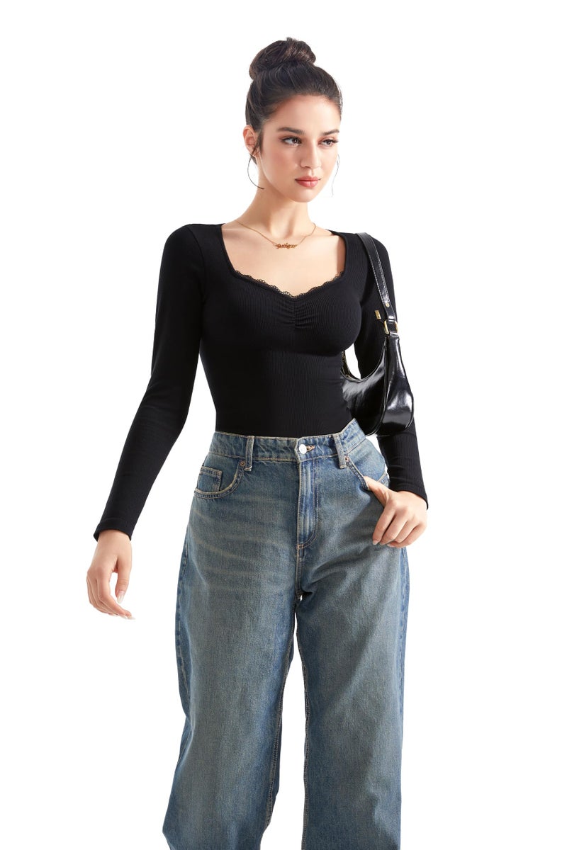 SUUKSESS Women Sweetheart V Neck Long Sleeve Tops Ribbed Modal Lace Trim Fall Going Out Fitted Shirts (Black, M) - Image 2