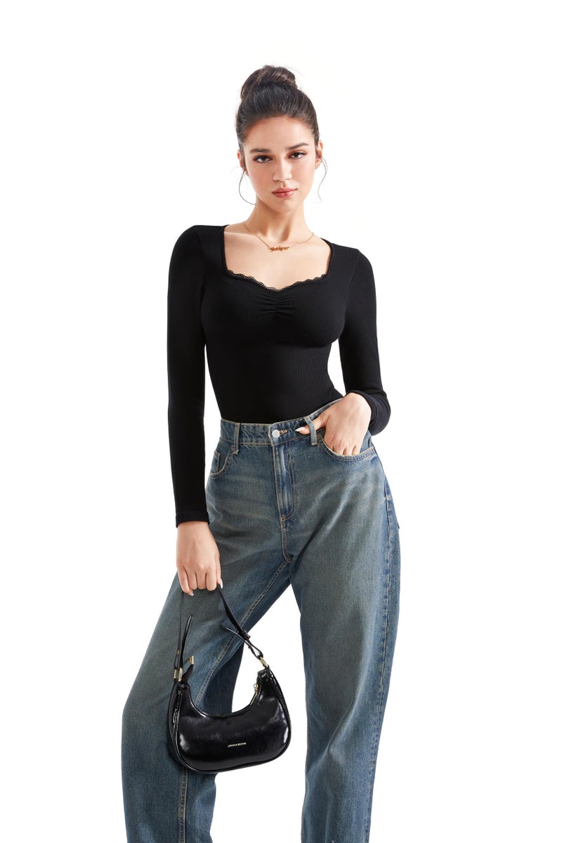 SUUKSESS Women Sweetheart V Neck Long Sleeve Tops Ribbed Modal Lace Trim Fall Going Out Fitted Shirts (Black, M) - Image 4