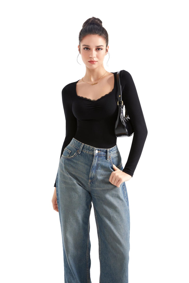 SUUKSESS Women Sweetheart V Neck Long Sleeve Tops Ribbed Modal Lace Trim Fall Going Out Fitted Shirts (Black, M) - Image 3