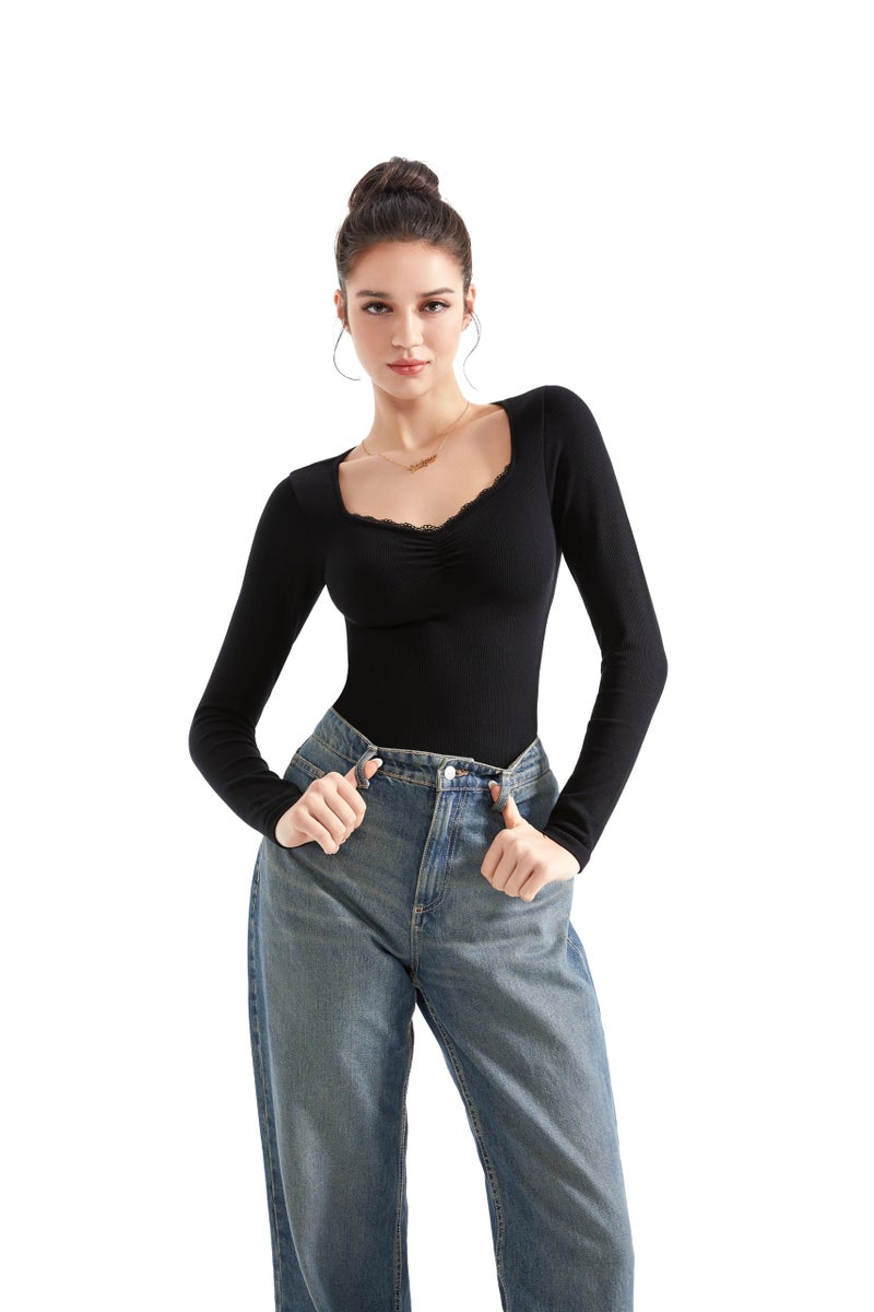 SUUKSESS Women Sweetheart V Neck Long Sleeve Tops Ribbed Modal Lace Trim Fall Going Out Fitted Shirts (Black, M) - Image 5