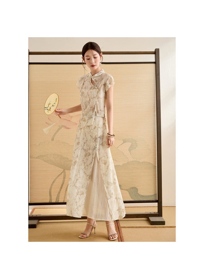 Tucano New Chinese-Style National Wind Set Summer Stand Collar Short Sleeve Printed Irregular Shirt With Slit And Spliced Half Skirt Two-Piece Set - Image 3