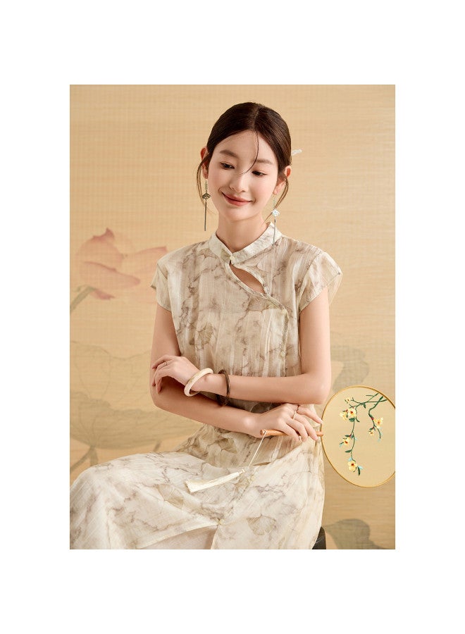 Tucano New Chinese-Style National Wind Set Summer Stand Collar Short Sleeve Printed Irregular Shirt With Slit And Spliced Half Skirt Two-Piece Set - Image 2