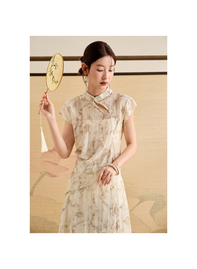 Tucano New Chinese-Style National Wind Set Summer Stand Collar Short Sleeve Printed Irregular Shirt With Slit And Spliced Half Skirt Two-Piece Set - Image 4