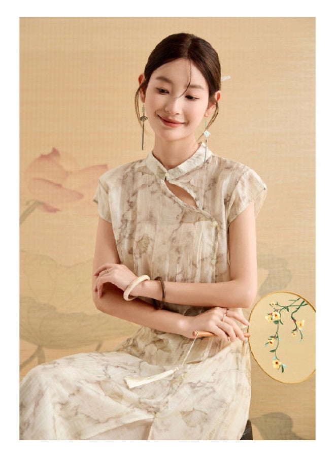 Tucano New Chinese-Style National Wind Set Summer Stand Collar Short Sleeve Printed Irregular Shirt With Slit And Spliced Half Skirt Two-Piece Set - Image 1