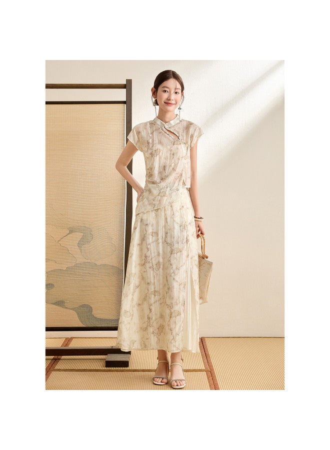 Tucano New Chinese-Style National Wind Set Summer Stand Collar Short Sleeve Printed Irregular Shirt With Slit And Spliced Half Skirt Two-Piece Set - Image 5