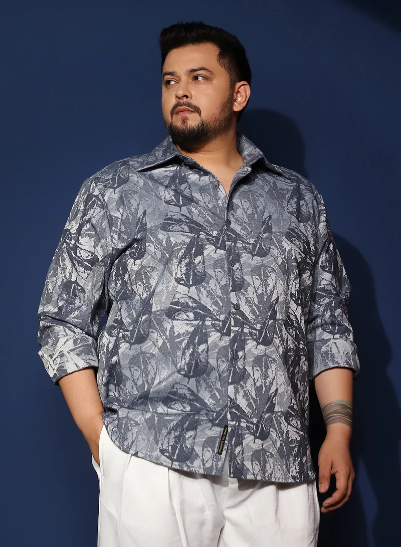 انستافاب بلس Instafab Plus Men's Indigo Blue Willow-Foliage Imprint Shirt For Casual Wear | Spread Collar | Long Cuffed Sleeves | Button Closure | Plus Size Shirt Crafted With Comfort Fit For Everyday Wear