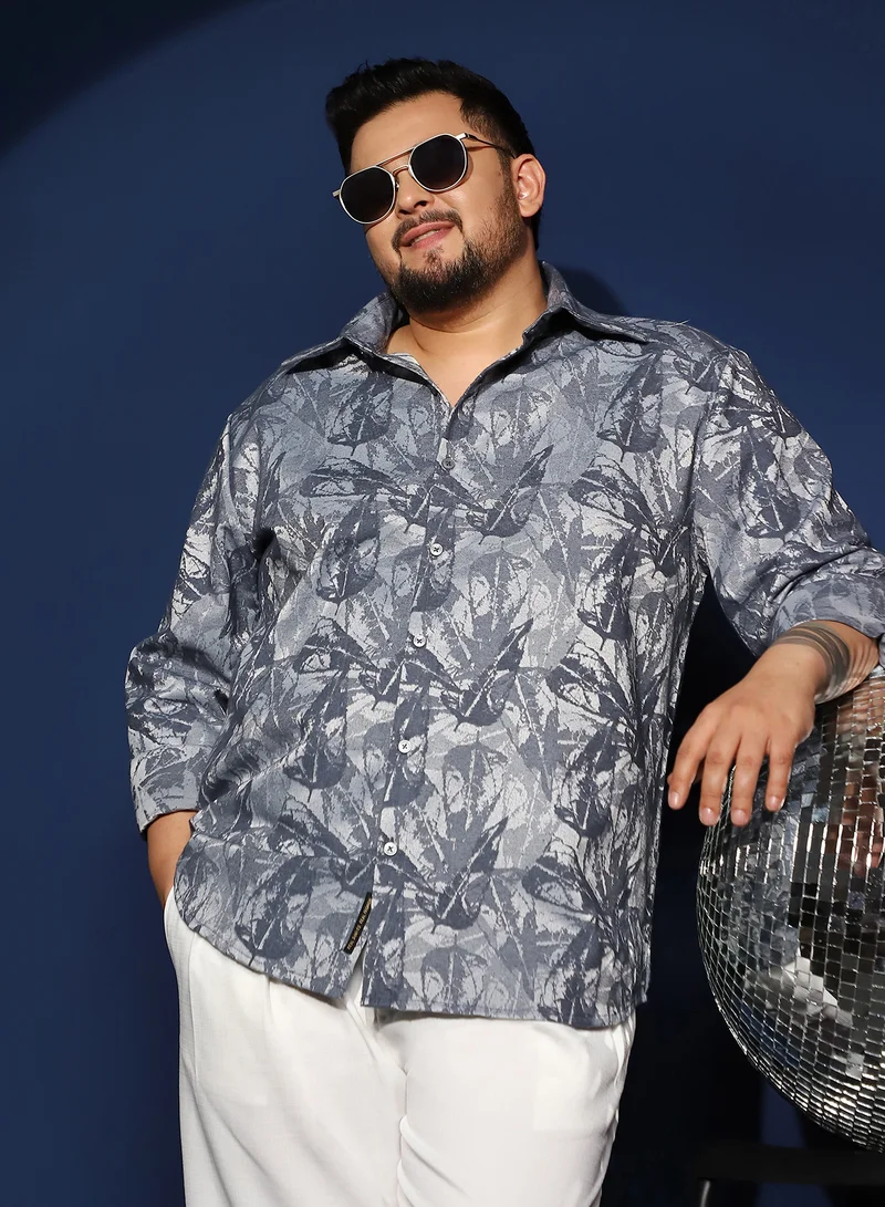 انستافاب بلس Instafab Plus Men's Indigo Blue Willow-Foliage Imprint Shirt For Casual Wear | Spread Collar | Long Cuffed Sleeves | Button Closure | Plus Size Shirt Crafted With Comfort Fit For Everyday Wear