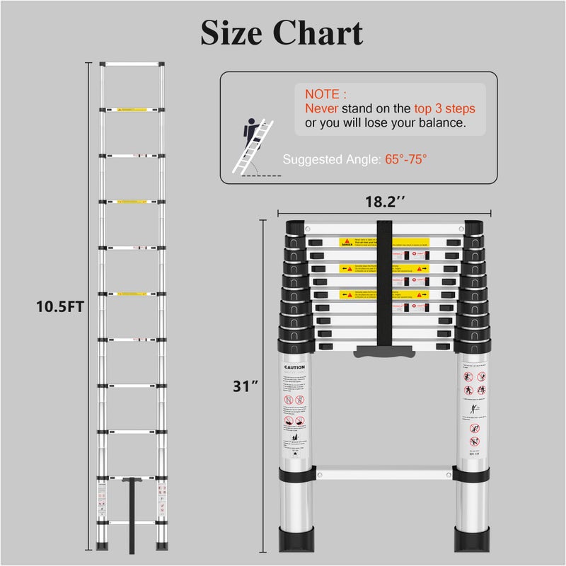DIAMONDFORGE Adjustable Retractable Telescopic Collapsible Telescoping Ladder Extension - 10.5 FT Rv Tall Compact Aluminum Ladders, Foldable Extendable for House Roof Travel Trailers, 330lbs Capacity - Image 5