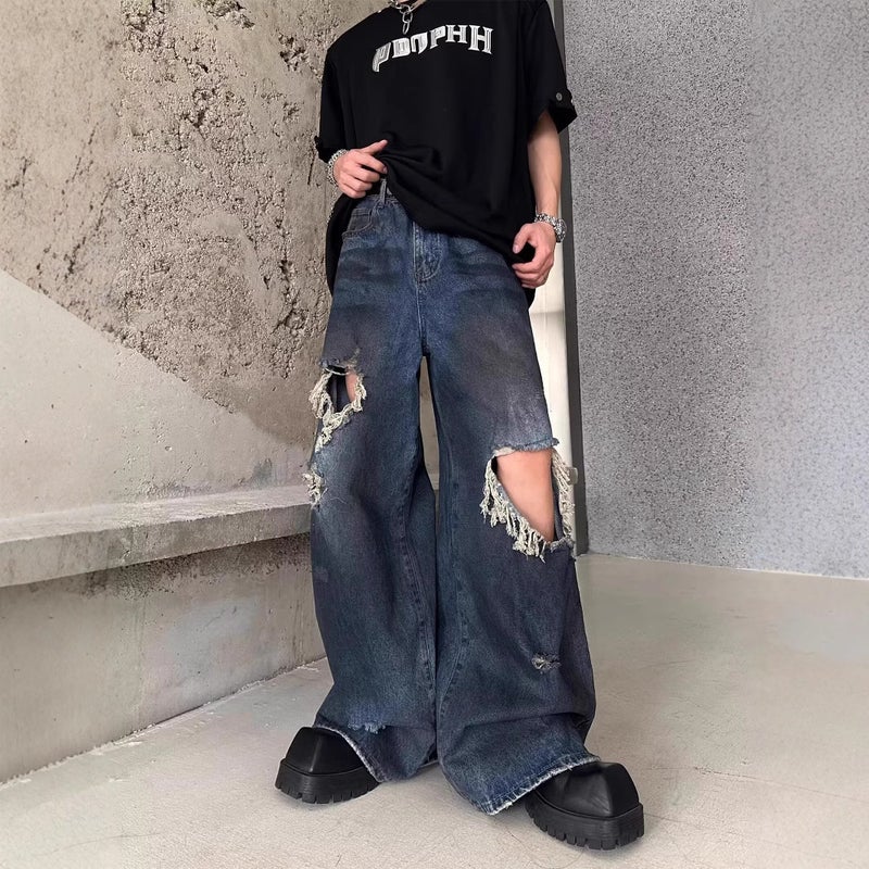 American Style Retro Dressed Ripped-Hole Design Mop Jeans Mens and Womens High Street Loose Niche Straight Casual Pants Blue