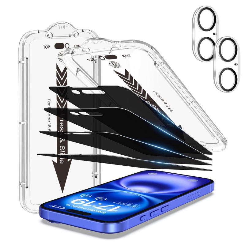 EZ-GLAZ- 4 Pack for iPhone 16 Privacy Screen Protector [6.1"] With 2 Pack Camera Lens Protector, 9H+ Hardness 12FT Military Grade Shatterproof Scratch Resistant Durable Tempered Glass Film with Flawless Fit Kit - Image 1