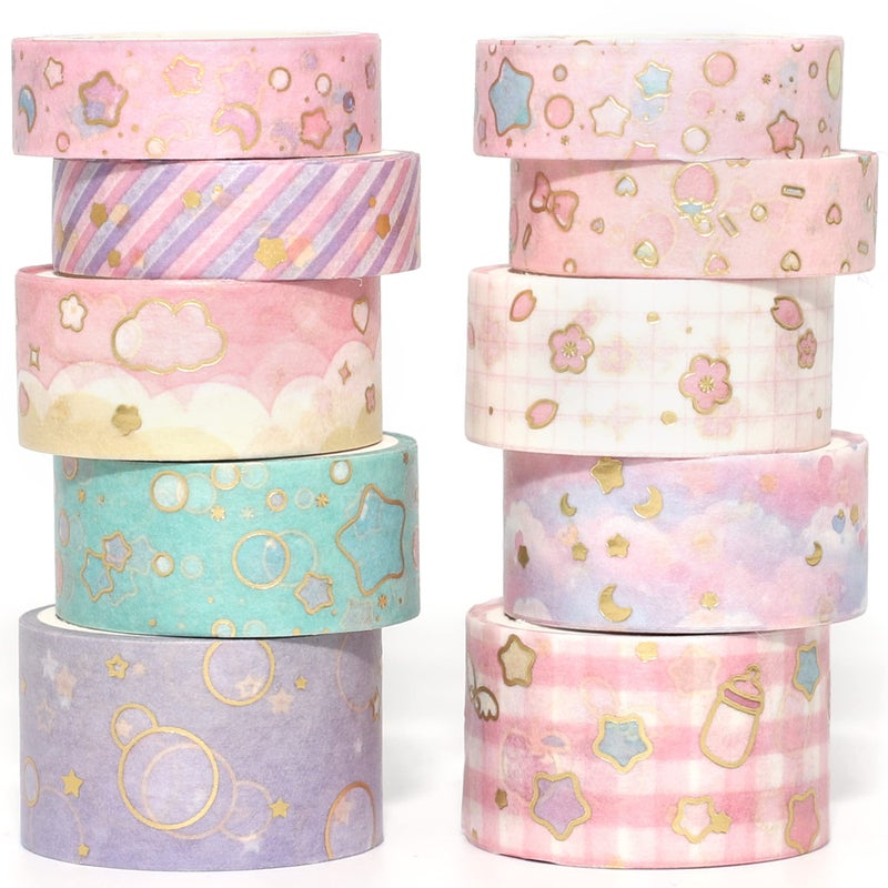 YUBX Creative Washi Tape Set 10 Rolls Gold Foil Print Decorative Masking Tapes for Arts, DIY Crafts, Journals, Planners, Scrapbook, Wrapping (Cute Sweety) - Image 1