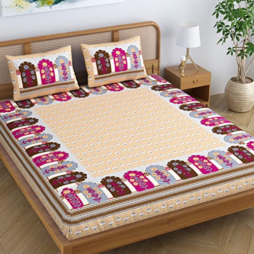 Colorish Cotton Blend Glory Floral Printed Jaipuri Bedsheet for Double Bed King Size with 2 Pillow Covers - Orange Crush - Image 1