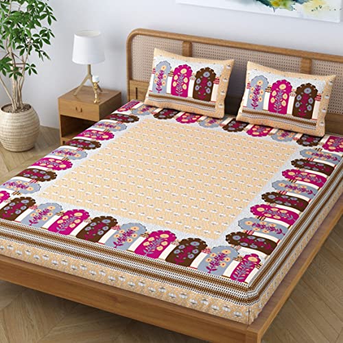 Colorish Cotton Blend Glory Floral Printed Jaipuri Bedsheet for Double Bed King Size with 2 Pillow Covers - Orange Crush - Image 3