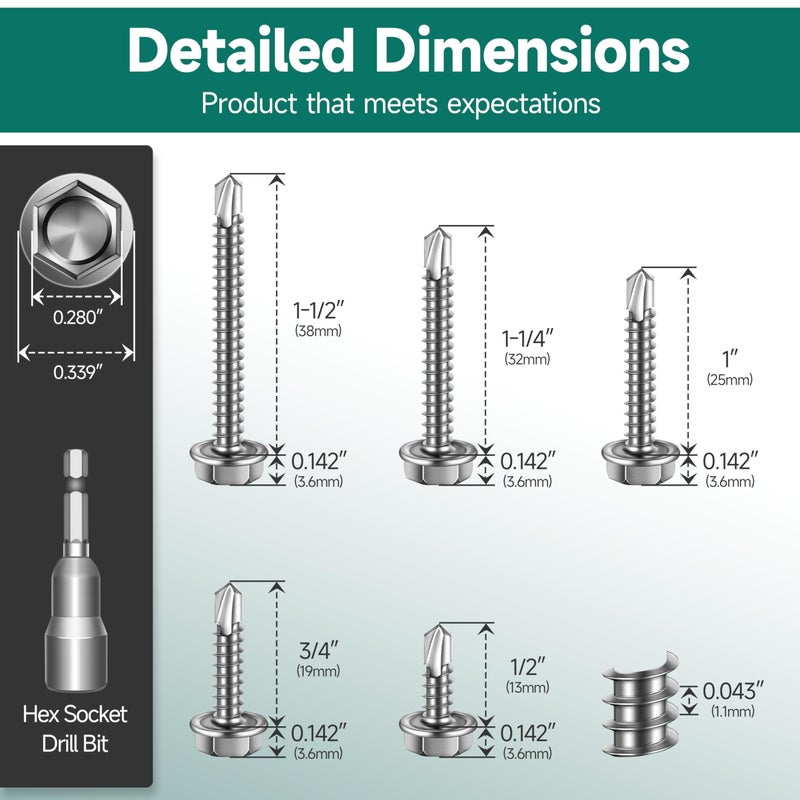 EASTPUK 110Pcs #8 Self Tapping Screws for Metal, 410 Stainless Steel Hex Head Sheet Metal Screws, 1/2" 3/4" 1" 1-1/4" 1-1/2" Self Drilling Screw with Drill Bit - Image 2