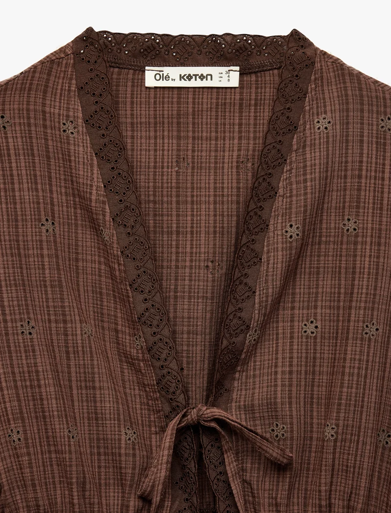 Koton  Checkered V-Neck Long-Sleeved Tie-Up Lace Blouse for Women | Best Price UAE