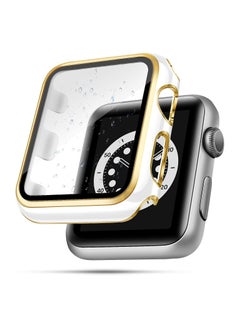 Generic ELMO3EZZ 41mm Case Compatible with Apple Watch, with Built-in Tempered Glass Screen Protector, PC Cover for iWatch Series 9/8/7/SE 2rd SE 6 5 4/3 2 for Choice (41mm, White + Gold Edge) 