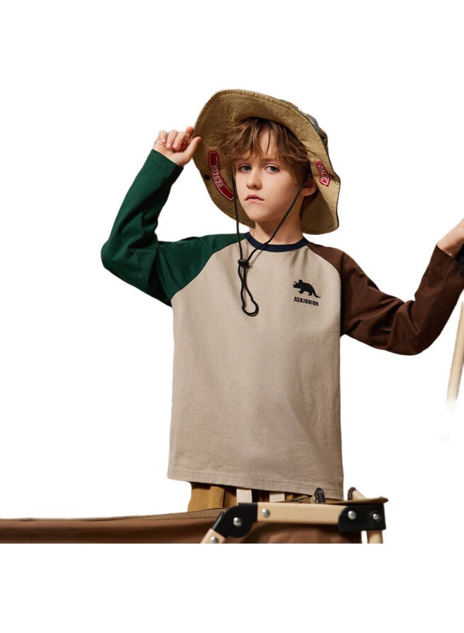 Ask Junior Boys' Long-Sleeve T-Shirt, Autumn Children'S Printed Contrast Color Running Undershirt, Khaki, Size 110 - Image 2