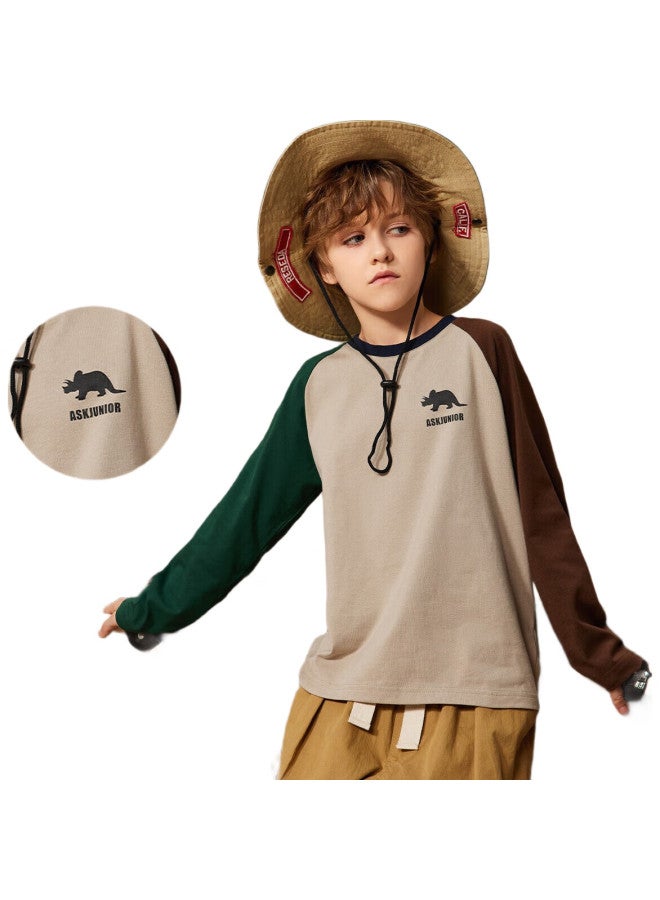 Ask Junior Boys' Long-Sleeve T-Shirt, Autumn Children'S Printed Contrast Color Running Undershirt, Khaki, Size 110 - Image 3