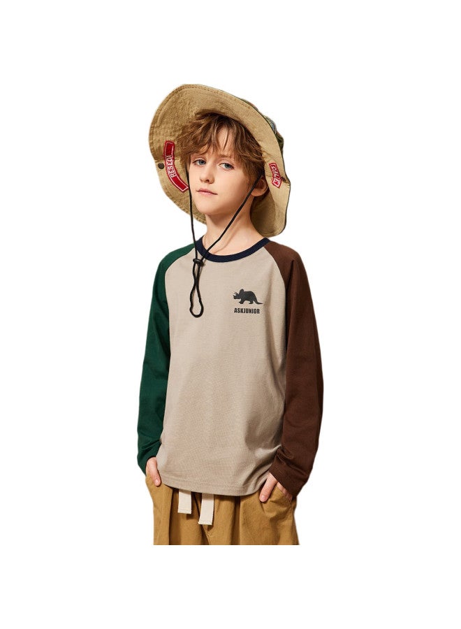 Ask Junior Boys' Long-Sleeve T-Shirt, Autumn Children'S Printed Contrast Color Running Undershirt, Khaki, Size 110 - Image 1
