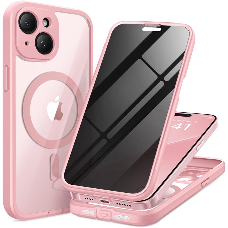 TIESZEN for iPhone 15 Case Compatible with MagSafe Builtin Privacy Screen Protector and Camera Protection Anti Spy Full Body Dustproof Shockproof Hard Phone Case 61 Pink - Image 2