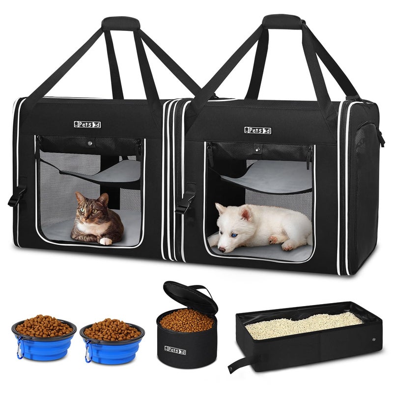 Petskd Portable Double Cat Carrier with Litter Box for Multiple Cats 2in1 Car Travel Carriers 36x17x17in Dual Large Cat Carrier with Safety Locking Zippers for Long Distance Travel - Image 1