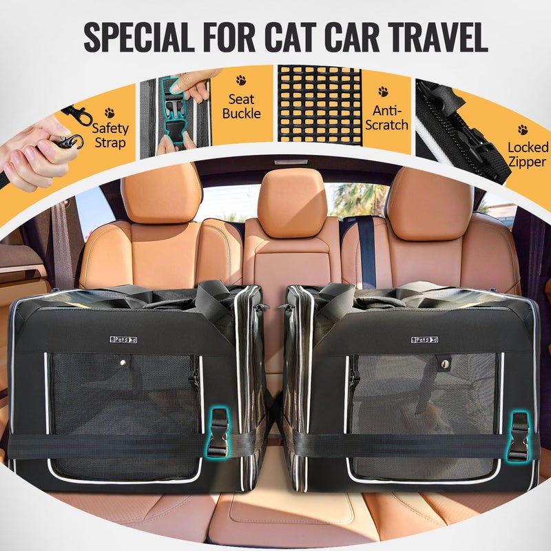 Petskd Portable Double Cat Carrier with Litter Box for Multiple Cats 2in1 Car Travel Carriers 36x17x17in Dual Large Cat Carrier with Safety Locking Zippers for Long Distance Travel - Image 5