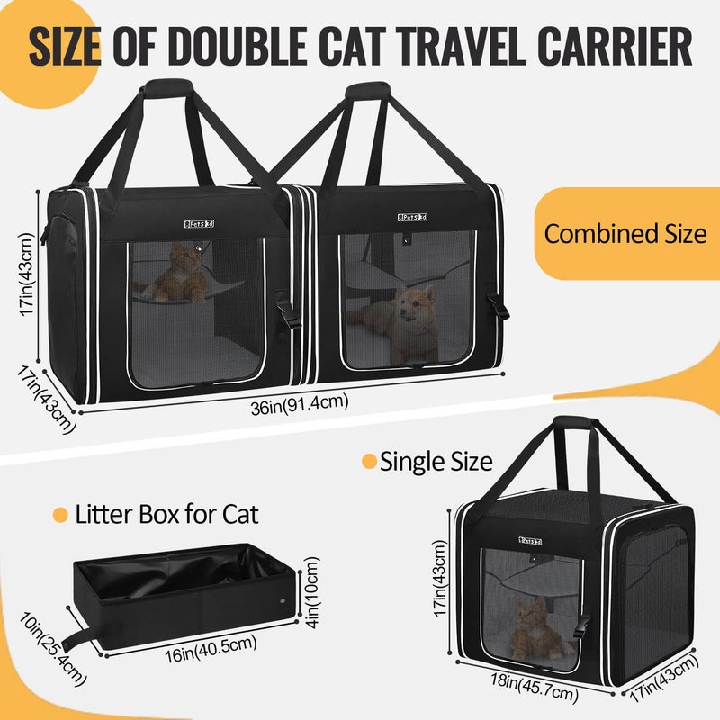 Petskd Portable Double Cat Carrier with Litter Box for Multiple Cats 2in1 Car Travel Carriers 36x17x17in Dual Large Cat Carrier with Safety Locking Zippers for Long Distance Travel - Image 2