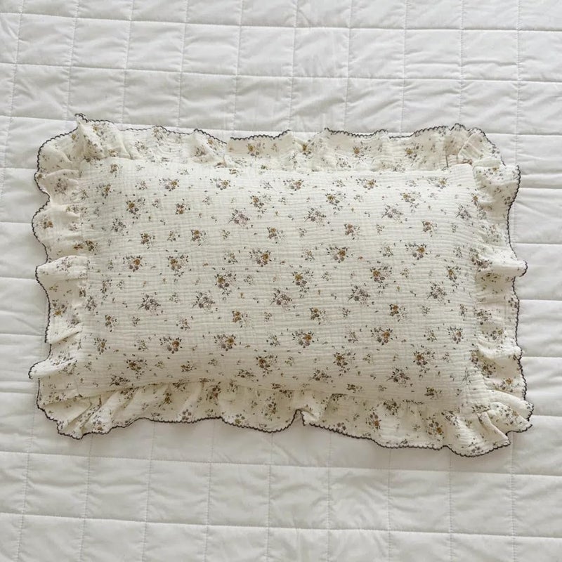 BuLuTu Cotton Muslin Pillow Case King Pillowcase Sweet Floral Design Pillowcases Enveloped Closure Vintage Ruffled Pillow Cover for Teens Adults, 20x36 inch, 1 Piece, Crapemyrtle - Image 1