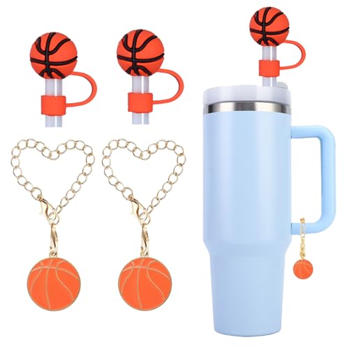 Kleeblatt Basketball Straw Covers Cap For Stanley Cup, 2pcs 10mm Cute Silicone Straw Toppers For Tumblers With 2pcs Basketball Charms Personalized, Stanley Cup Accessories - Image 1