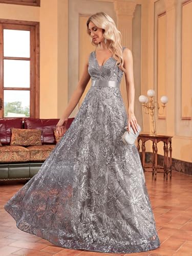 XUIBOL Sleeveless Glitter Sequined Womens Long Formal Gown Aline Prom Dress for Anchorwoman Floor Length Evening Dress Grey XL - Image 5