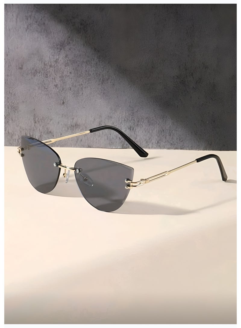 POLITE Women’s Metal Frame Rimless Cat-Eye Sunglasses – Trendy Summer/Beach Accessory - Image 2