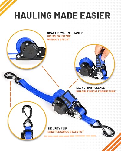 Strapinno Retractable Ratchet Straps - 1 in x 12 ft Heavy Duty Tie Downs, 1800lbs Breaking Strength Each, S Hooks with Safety Clip, AutoRetract, for Moving, Motorcycle, Boat, Kayak, and Cargo (2PCS) - Image 2