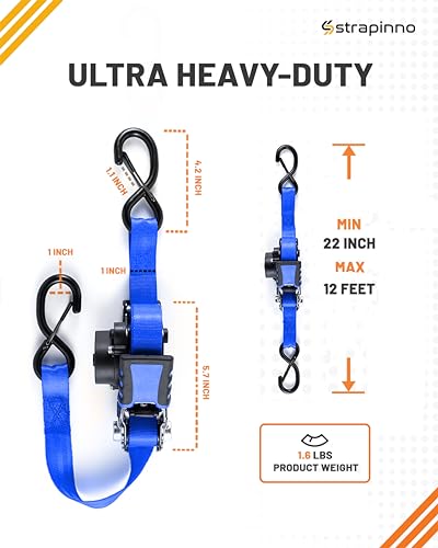 Strapinno Retractable Ratchet Straps - 1 in x 12 ft Heavy Duty Tie Downs, 1800lbs Breaking Strength Each, S Hooks with Safety Clip, AutoRetract, for Moving, Motorcycle, Boat, Kayak, and Cargo (2PCS) - Image 3
