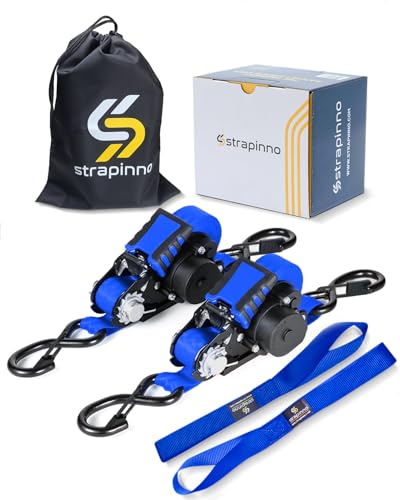 Strapinno Retractable Ratchet Straps - 1 in x 12 ft Heavy Duty Tie Downs, 1800lbs Breaking Strength Each, S Hooks with Safety Clip, AutoRetract, for Moving, Motorcycle, Boat, Kayak, and Cargo (2PCS) - Image 1