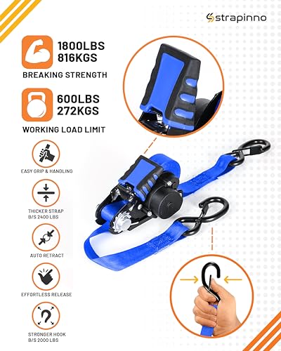 Strapinno Retractable Ratchet Straps - 1 in x 12 ft Heavy Duty Tie Downs, 1800lbs Breaking Strength Each, S Hooks with Safety Clip, AutoRetract, for Moving, Motorcycle, Boat, Kayak, and Cargo (2PCS) - Image 5