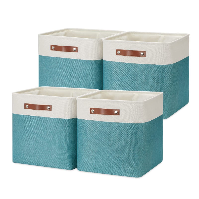 صناديق تخزين DULLEMELO لتنظيم خزائن التخزين سلال هدايا فارغة كبيرة من قماش الكتان مع مقابض للاستخدام المنزلي والمكتبي والألعاب والرفوف باللون الأبيض والأخضر الفاتح 13 بوصة مكعب