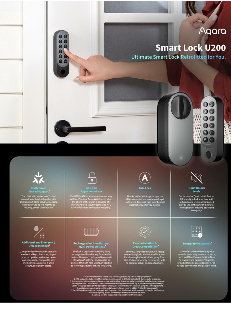 أكارا - Smart Lock U200 Kit ، المادة فوق الخيط ، قفل باب الدخول بدون مفتاح مع مفتاح Apple Home وبطارية قابلة للشحن ، تدعم Apple Home و Alexa و SmartThings-Silver - Image 1