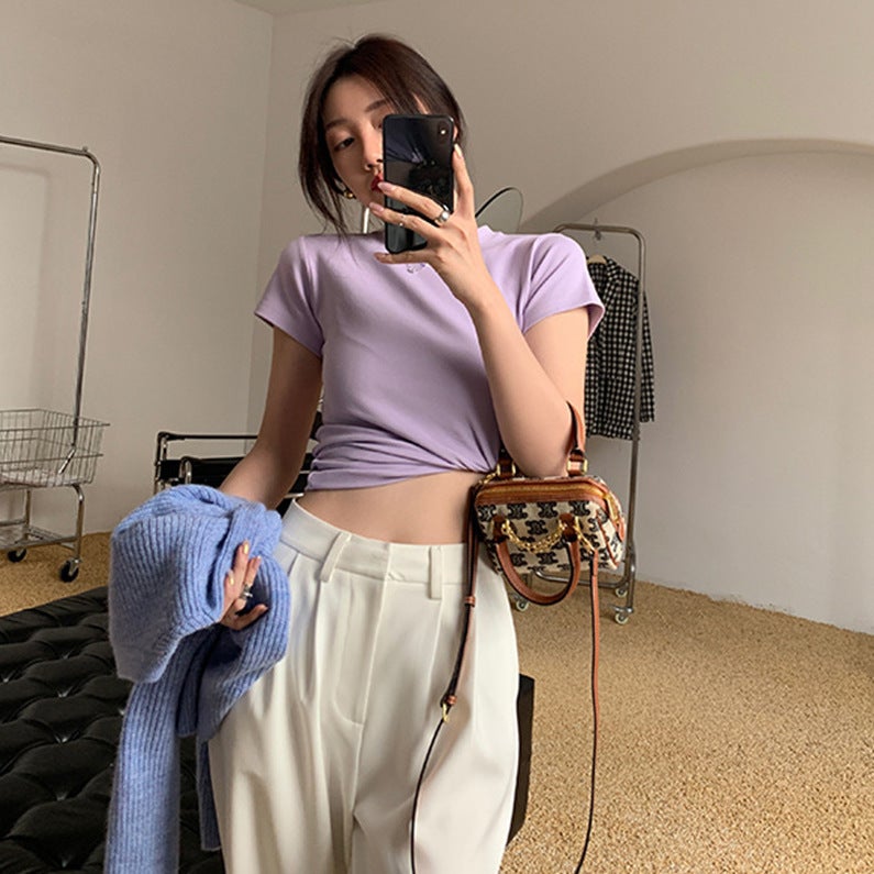 Bottoming Slim-fit Short-sleeved T-shirt Womens Korean-style New Foreign Trade Wholesale Ins Slim-fit Short Fashion Top Bottoming Shirt Purple 