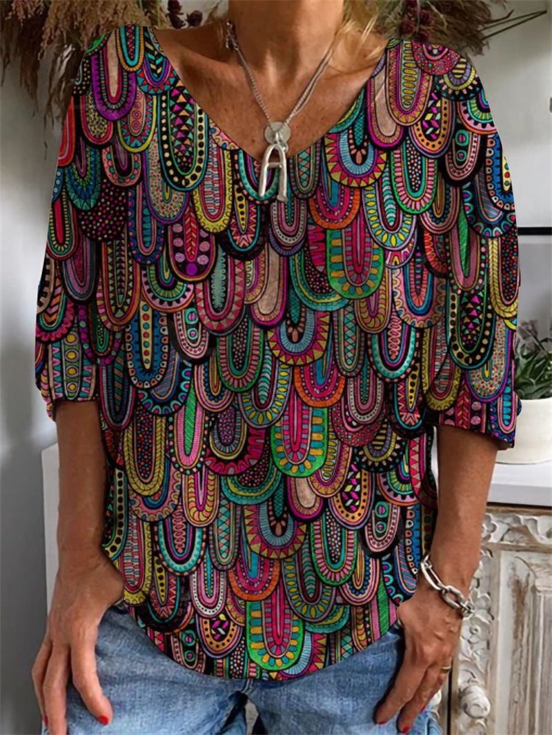 Independent Station Wish2023 Loose Long Sleeve Geometric Pattern 3D Digital Printing V-Neck Half Sleeve T-Shirt For Women - Image 1