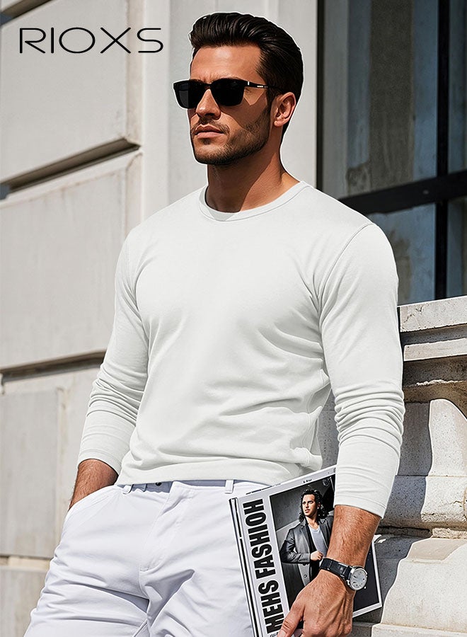 ريوكس قميص تي -شيرت للرجال، قميص طويل للرقبة المستديرة للرجال، قميص قطني ناعم، قمصان ذكور أساسية، قمصان تي -عادية مريحة، قميص أبيض متعدد الاستعمالا، للملابس اليومية، غير الرسمية، العمل، الشارع، والمشي - Image 3