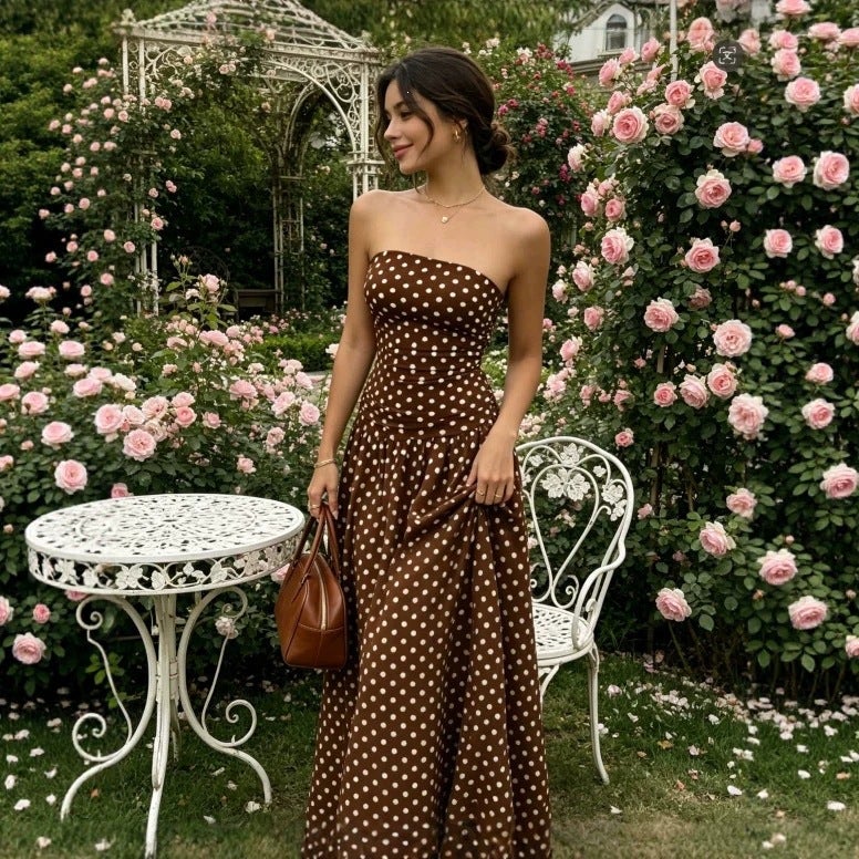 Polka Dot Off-Shoulder Sleeveless Long Dress with Ruffles, Slim Fit - Image 3