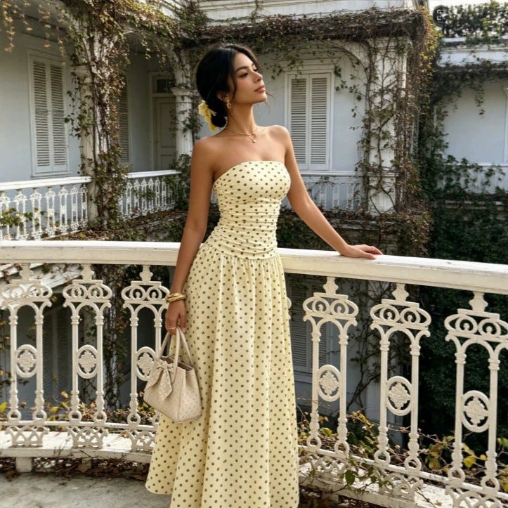 Polka Dot Off-Shoulder Sleeveless Long Dress with Ruffles, Slim Fit - Image 1