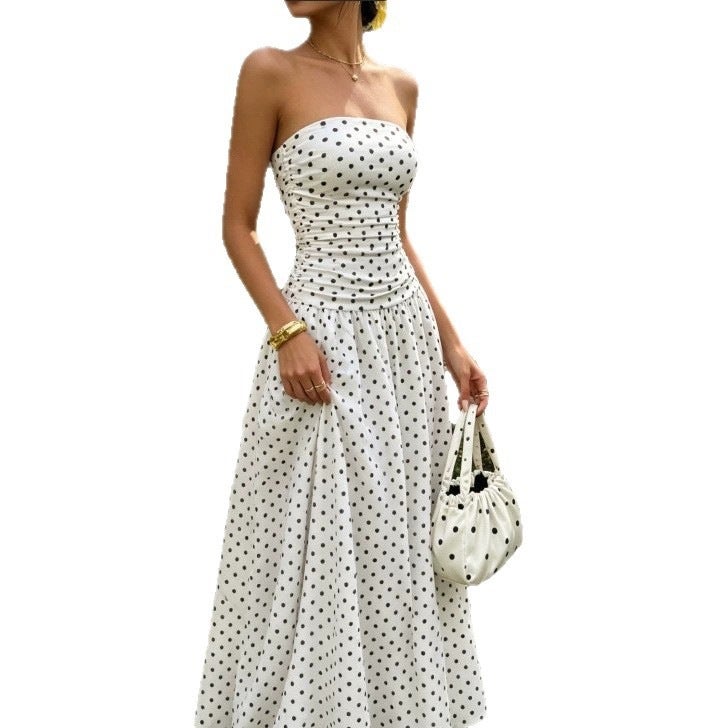 Polka Dot Off-Shoulder Sleeveless Long Dress with Ruffles, Slim Fit - Image 5