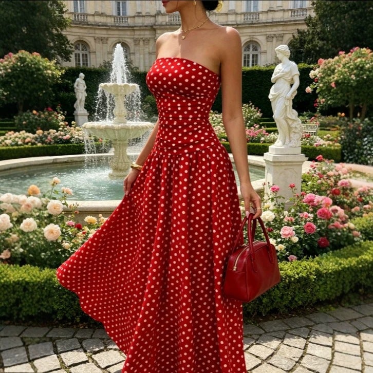 Polka Dot Off-Shoulder Sleeveless Long Dress with Ruffles, Slim Fit - Image 2
