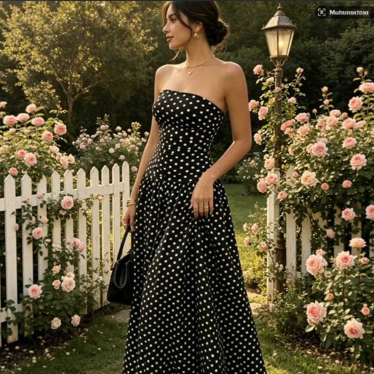 Polka Dot Off-Shoulder Sleeveless Long Dress with Ruffles, Slim Fit - Image 4